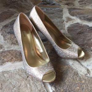 Gold and Rhinestone Peep Toe Heels